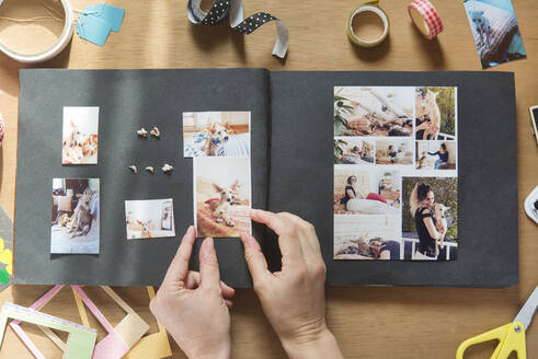 Woman making scrapbook of pet dog on table - SKCF00742