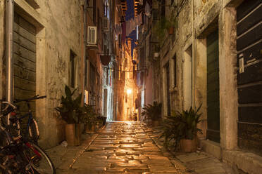 Croatia, Istria County, Rovinj, Empty old town alley at night - TAMF02994