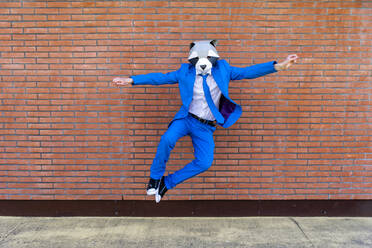 Mann in leuchtend blauem Anzug und Waschbärmaske springt gegen eine Mauer - OIPF00771