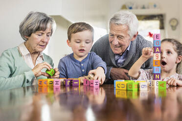 Children playing with toy blocks by grandparent at home - AUF00645
