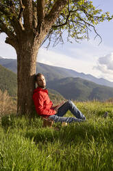Mann mit Buch entspannt unter einem Baum auf einem Berg - VEGF04560