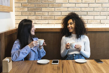 Multiethnische Freundinnen unterhalten sich bei einem Kaffee in einer Bar miteinander - PNAF01692