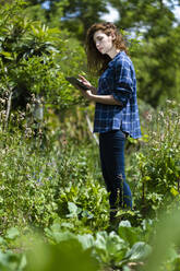 Junge Frau untersucht Pflanzen durch ein digitales Tablet im Garten - SBOF03807