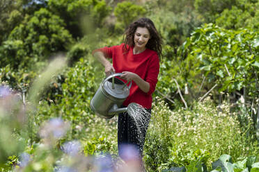 Woman watering plants in garden - SBOF03827