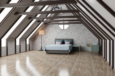 Three dimensional render of attic bedroom with shiny wooden floor - SPCF01393