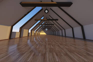 Dreidimensionales Rendering eines leeren Dachbodens mit glänzendem Holzboden - SPCF01394