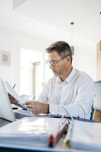 Geschäftsmann beim Analysieren der Geschäftsstrategie im Büro zu Hause - JRFF05133