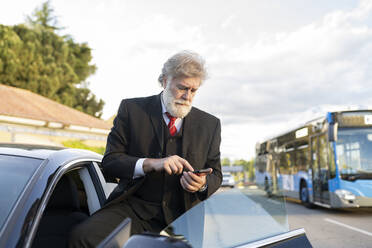 Geschäftsmann, der ein Mobiltelefon benutzt, während er neben einem Auto steht - JCCMF02612