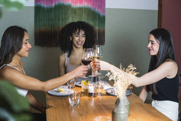 Young female friends toasting drinks in restaurant - PNAF01760