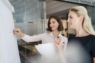 Junge Geschäftsfrauen diskutieren bei einer Besprechung im Büro über eine weiße Tafel - DIGF15309