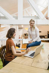 Weibliche Mitarbeiter diskutieren über den Laptop, während sie im Kreativbüro zusammenarbeiten - DIGF15359