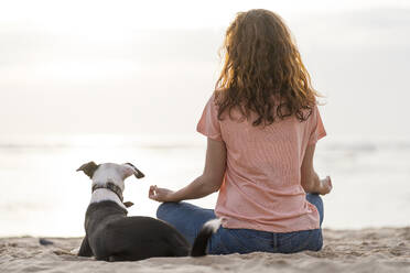 Rothaarige Frau meditiert mit Hund am Strand - SBOF03908