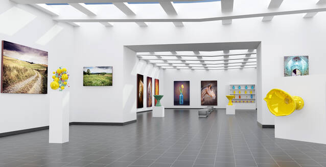 Leinwandbilder und Kunststoffmodelle in einer Kunstgalerie - VTF00649