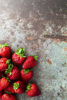 Frische reife Erdbeeren auf einer Metallfläche liegend - GIOF12728