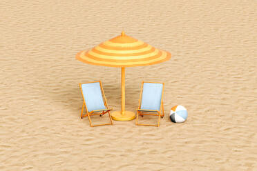 Beach umbrella, two empty deck chairs and beach ball on sandy beach - GCAF00124