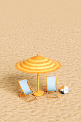 Beach umbrella, two empty deck chairs and beach ball on sandy beach - GCAF00125