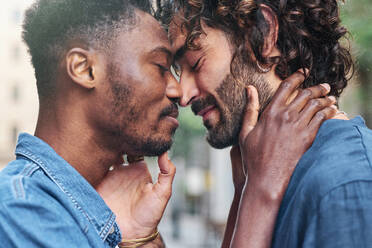Homosexuelles Paar mit geschlossenen Augen bei einer Romanze - AGOF00143