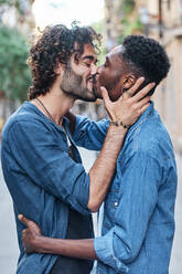 Homosexuelles Paar mit geschlossenen Augen, das sich gegenseitig küsst - AGOF00144