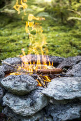 Sausage grilling on stone campfire - HHF05622