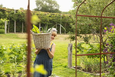 Porträt einer glücklichen Frau, die einen Korb mit geerntetem Gemüse im Garten trägt - CAIF30607