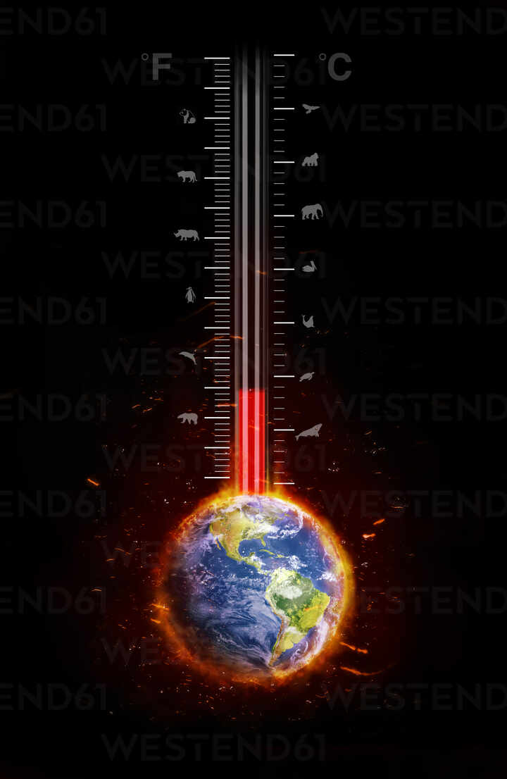 Temperature rising on global warming thermometer stock photo