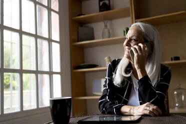 Ältere Frau telefoniert zu Hause mit ihrem Smartphone - ERRF04913