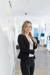 Lächelnde Unternehmerin vor einem Whiteboard im Büro stehend - DIGF15736