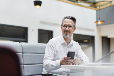 Lächelnder männlicher Unternehmer mit Mobiltelefon, der im Büro wegschaut - DIGF15777