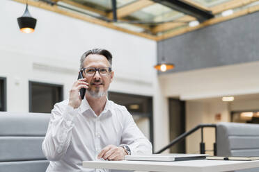 Älterer männlicher Unternehmer, der in der Büro-Lobby mit einem Smartphone telefoniert - DIGF15778