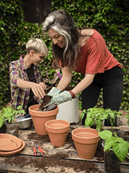 Lächelnde Freundinnen, die Erde in einen Topf geben, während sie im Garten pflanzen - NOF00234