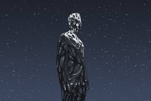 Three dimensional render of wireframe man admiring starry sky at night - DRBF00234