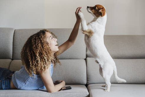 Lockenköpfige Frau spielt mit Hund auf Sofa zu Hause - EBBF03859