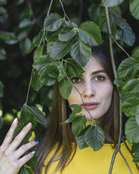 Portrait of young woman among the leaves of a plant in park - MCVF00879