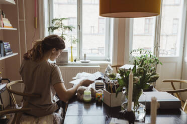 Rückansicht einer Unternehmerin bei der Arbeit im Heimbüro - MASF24235