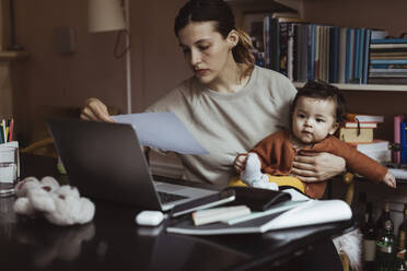 Female professional reading document while sitting with male toddler at home - MASF24242