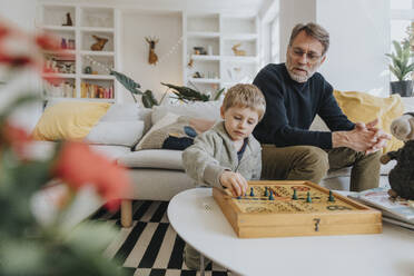 Father and son playing ludo in living room at home - MFF07982