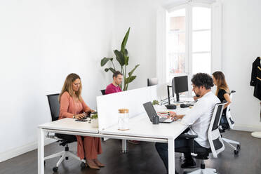 Männliche und weibliche Unternehmer arbeiten im Coworking-Büro - MPPF01841