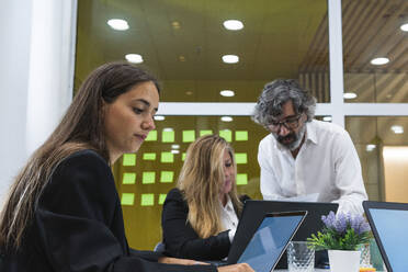 Geschäftsfrau, die an einem Laptop arbeitet, während ein männlicher Fachmann mit einer weiblichen Arbeitskollegin im Büro diskutiert - PNAF01865