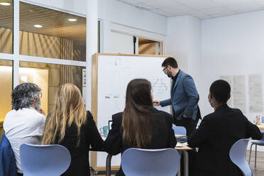 Junger Geschäftsmann erklärt männlichen und weiblichen Mitarbeitern in einer Besprechung im Büro die Geschäftsstrategie - PNAF01868