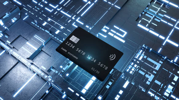 Three dimensional render of credit card floating against electronic background - SPCF01426