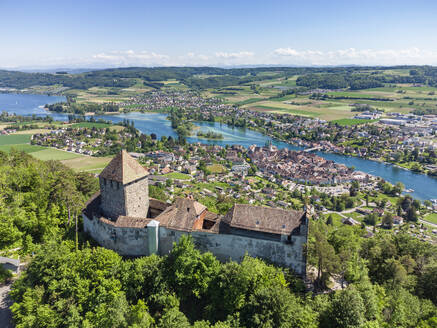 Switzerland, Canton of Schaffhausen, Stein am Rhein, Aerial view of Hohenklingen Castle and surrounding town in summer - ELF02380