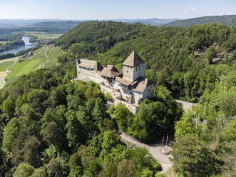 Switzerland, Canton of Schaffhausen, Stein am Rhein, Aerial view of Hohenklingen Castle in summer - ELF02381