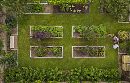 Luftaufnahme Paar bei der Gartenarbeit in einem üppigen Garten mit Hochbeeten - CAIF30656