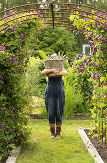 Porträt einer Frau, die einen großen Korb mit geerntetem Gartengemüse hält - CAIF30659