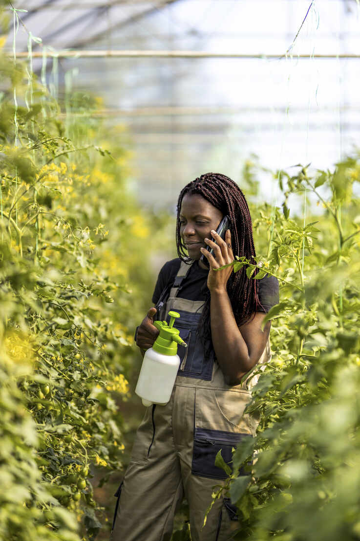 Female farmer in overalls talking on smart phone while working at  greenhouse stock photo