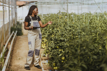 Smiling female farmer holding string supporting plants at greenhouse - OIPF01023