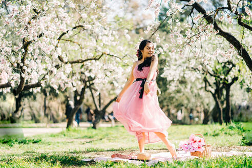 Ganzkörperdarstellung einer jungen Asiatin in elegantem Kleid, die auf einem Plaid im Garten mit blühenden Kirschbäumen steht und wirbelt - ADSF24735