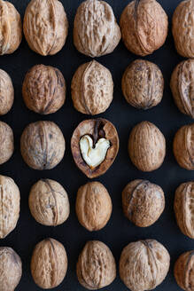 Top view of textured backdrop representing heart shaped walnut center among whole nuts with uneven nutshells - ADSF24871
