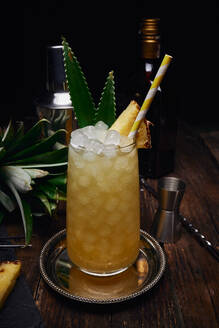 Glas alkoholischen Cocktail mit Ananas Stück und Blätter mit Papier Strohhalm auf Tablett in der Nähe von Shaker und Flasche mit Shot-Glas auf dem Tisch auf schwarzem Hintergrund verziert - ADSF24974