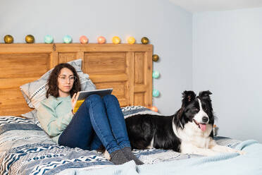 Junge Frau mit Brille und Border Collie Hund liegt auf dem Bett und surft auf einem Tablet zu Hause - ADSF25143